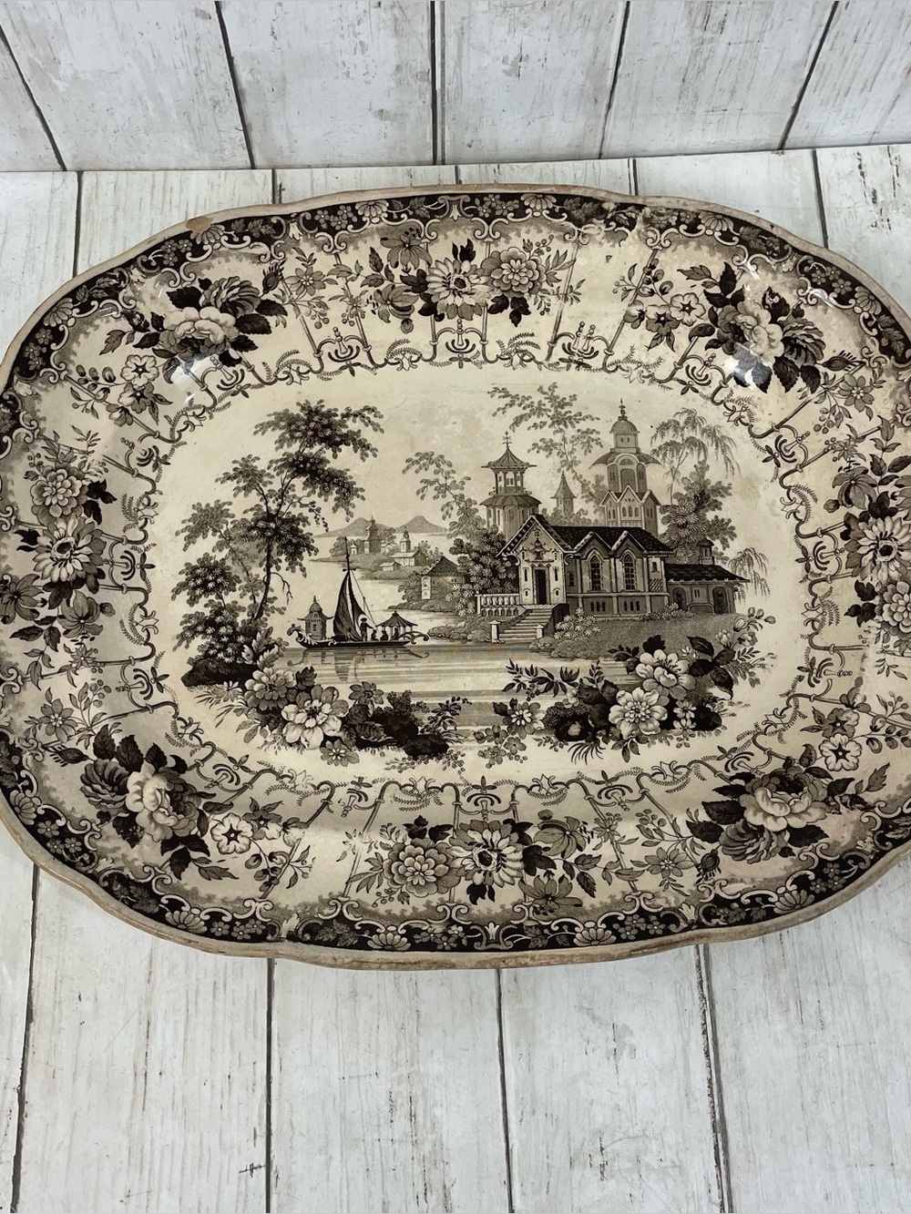 Antique Enoch Woood & Sons Brown TransferWare Platter Venetian Scenery Celtic